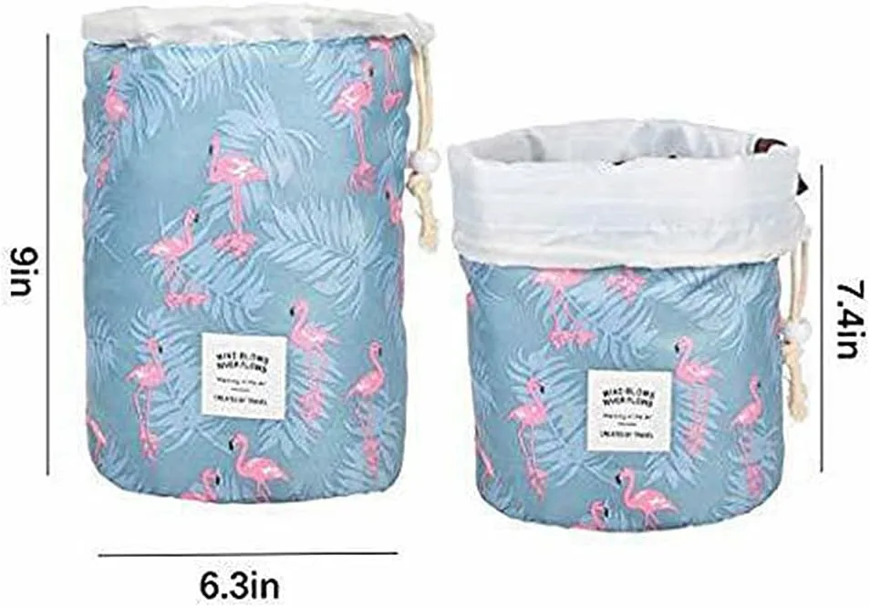 Magik 1-2 Pcs Large Barrel Travel Cosmetic Bag Nylon Organizer Drawstring Toiletry (Blue Flamingo, 2 Pack)