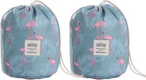 Magik 1-2 Pcs Large Barrel Travel Cosmetic Bag Nylon Organizer Drawstring Toiletry (Blue Flamingo, 2 Pack)