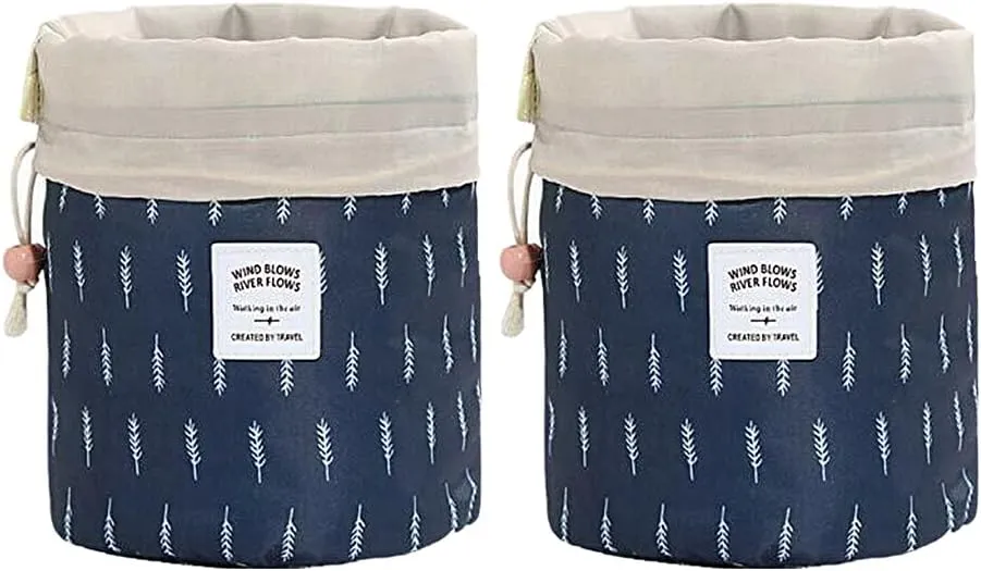 Magik 1-2 Pcs Large Barrel Travel Cosmetic Bag Nylon Organizer Drawstring Toiletry (Feather, 2 Pack)
