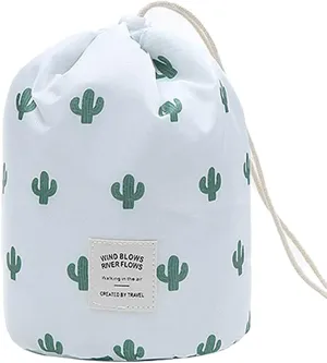 Magik 1-2 Pcs Large Barrel Travel Cosmetic Bag Nylon Organizer Drawstring Toiletry (White Cactus, 1 Pack)