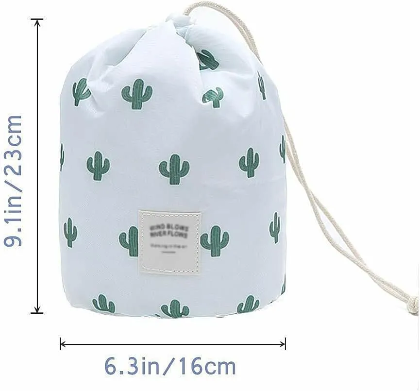 Magik 1-2 Pcs Large Barrel Travel Cosmetic Bag Nylon Organizer Drawstring Toiletry (White Cactus, 1 Pack)