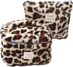 Makeup Bag Set Large Travel Quilted Makeup Bag for Women, Leopard print Faux rabbit fur Cotton Cosmetic Bag for Women, Travel Toiletry Organizer Bag (Beige leopard)