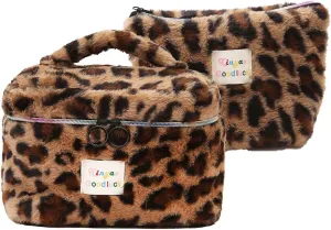 Makeup Bag Set Large Travel Quilted Makeup Bag for Women, Leopard print Faux rabbit fur Cotton Cosmetic Bag for Women, Travel Toiletry Organizer Bag (Coffee leopard)