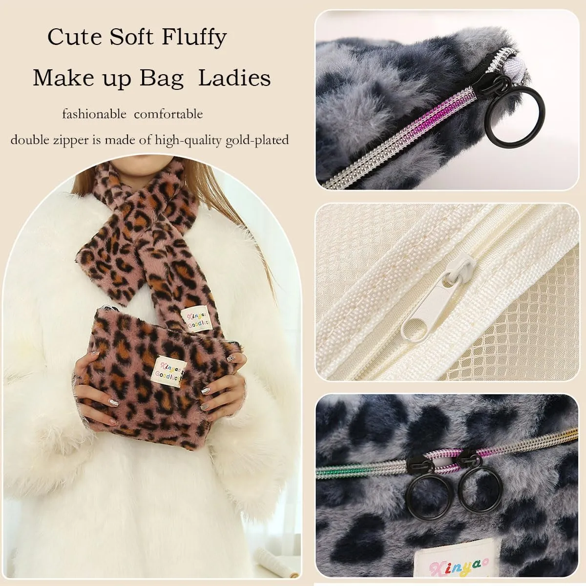 Makeup Bag Set Large Travel Quilted Makeup Bag for Women, Leopard print Faux rabbit fur Cotton Cosmetic Bag for Women, Travel Toiletry Organizer Bag (Gray leopard)