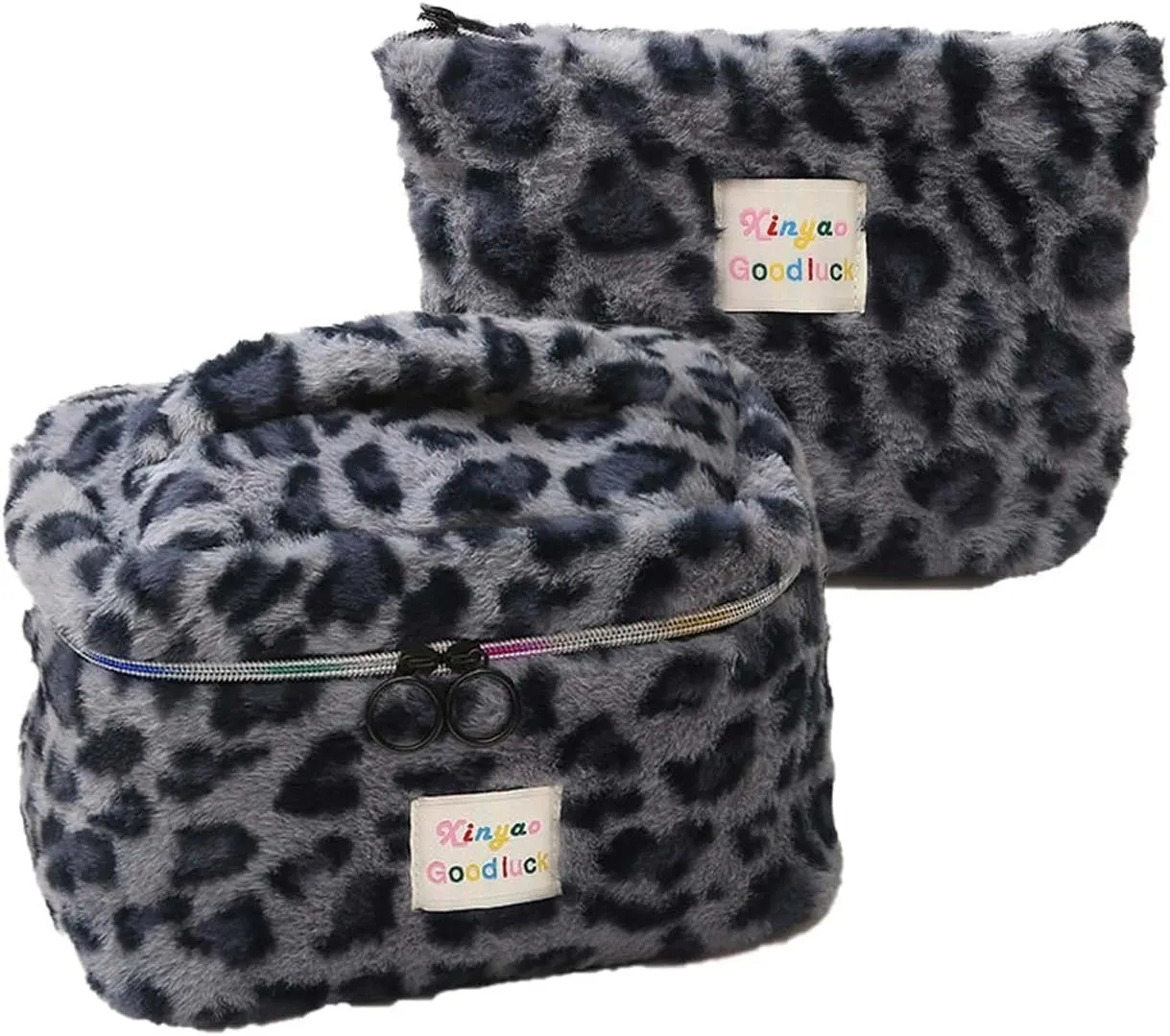Makeup Bag Set Large Travel Quilted Makeup Bag for Women, Leopard print Faux rabbit fur Cotton Cosmetic Bag for Women, Travel Toiletry Organizer Bag (Gray leopard)