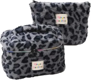 Makeup Bag Set Large Travel Quilted Makeup Bag for Women, Leopard print Faux rabbit fur Cotton Cosmetic Bag for Women, Travel Toiletry Organizer Bag (Gray leopard)