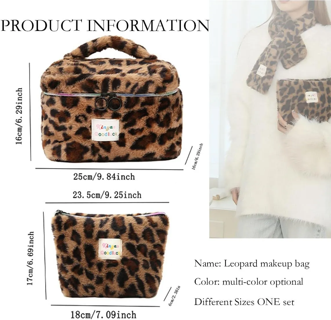 Makeup Bag Set Large Travel Quilted Makeup Bag for Women, Leopard print Faux rabbit fur Cotton Cosmetic Bag for Women, Travel Toiletry Organizer Bag (Gray leopard)