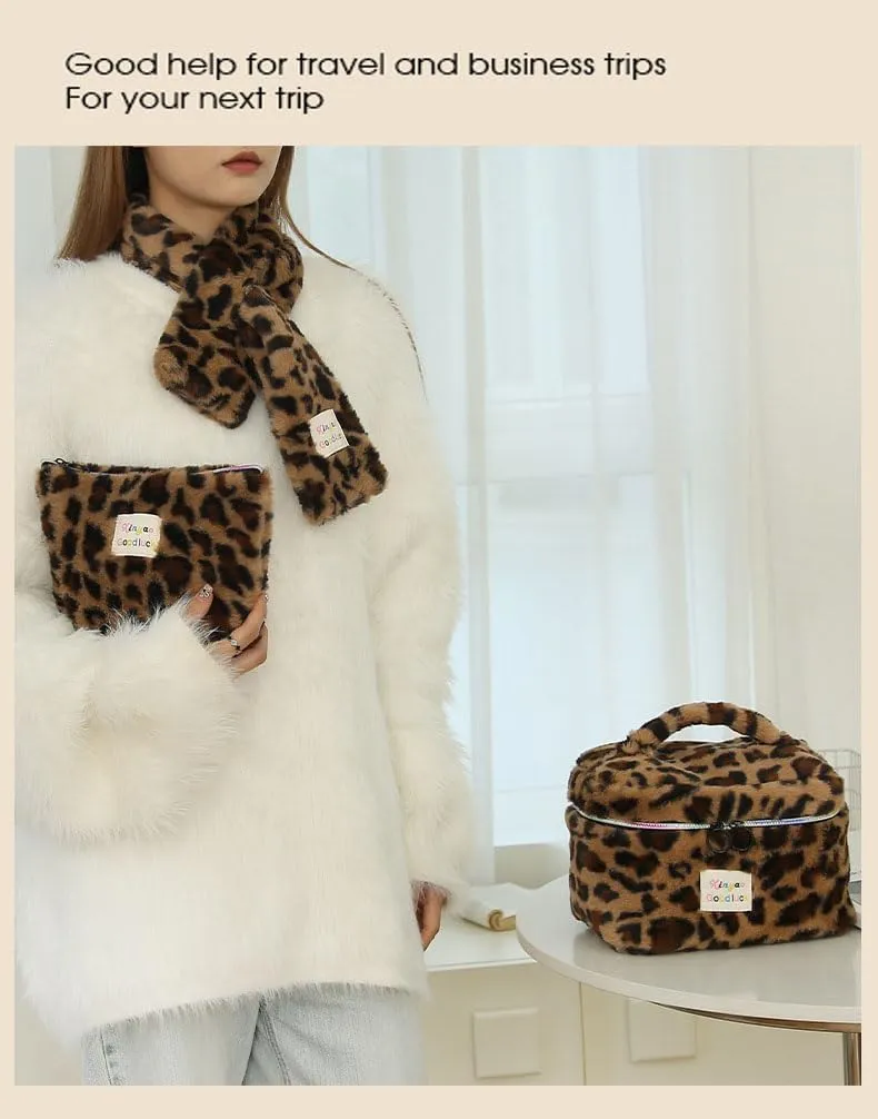 Makeup Bag Set Large Travel Quilted Makeup Bag for Women, Leopard print Faux rabbit fur Cotton Cosmetic Bag for Women, Travel Toiletry Organizer Bag (Gray leopard)