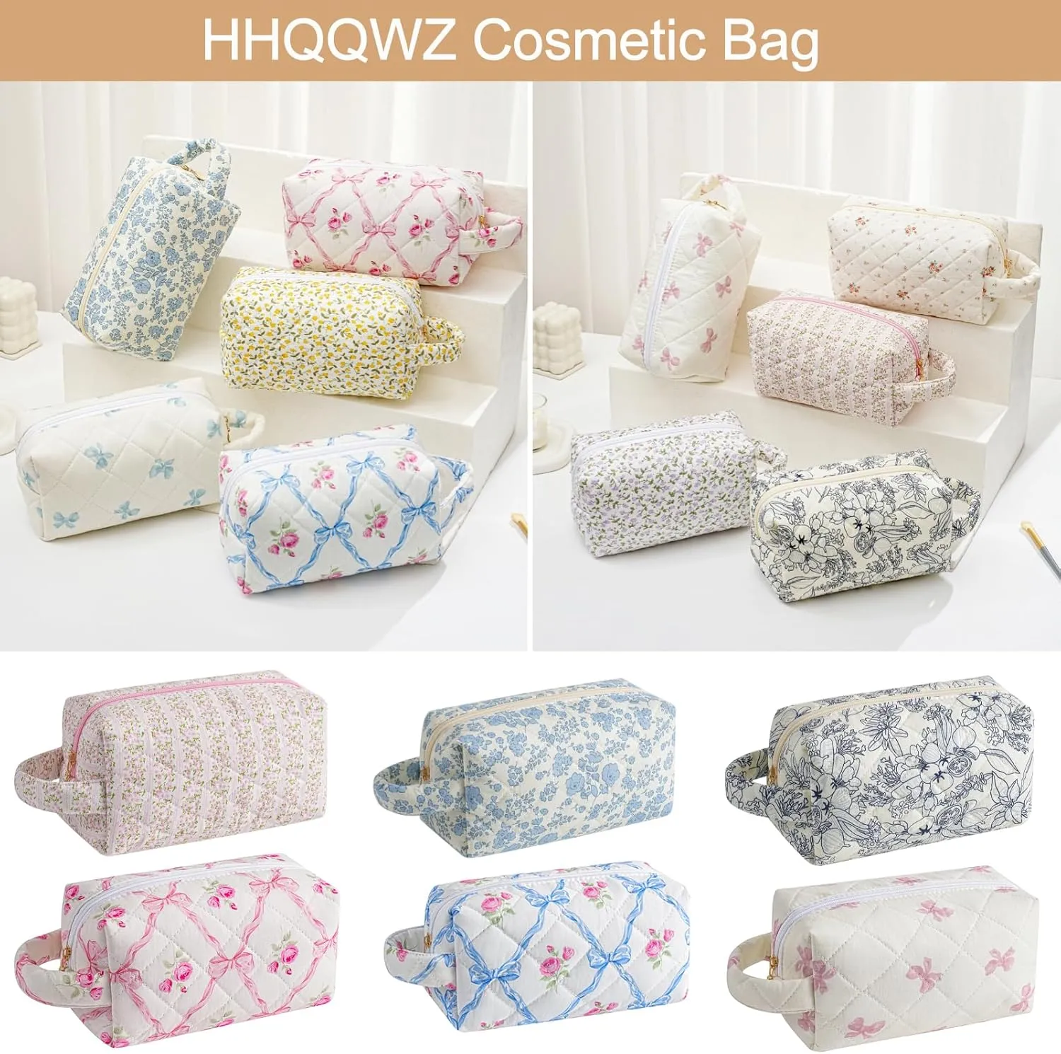Makeup Bag Travel Cosmetic Bag for Women, Zipper Make Up Pouch, Floral Flowers Toiletry Organizer Makeup with Handle, Cosmetic Travel Cloth Bag (Blue Floral)
