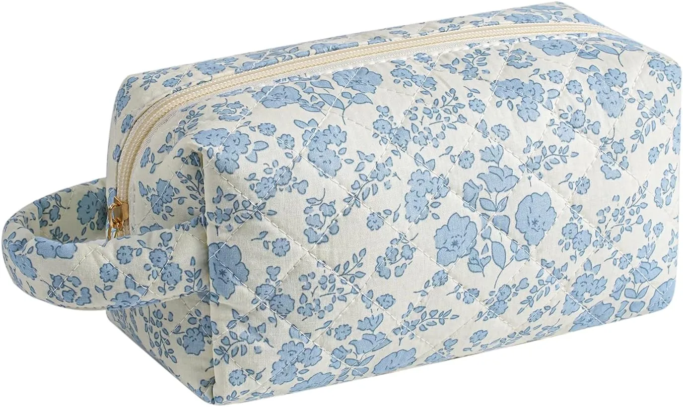 Makeup Bag Travel Cosmetic Bag for Women, Zipper Make Up Pouch, Floral Flowers Toiletry Organizer Makeup with Handle, Cosmetic Travel Cloth Bag (Blue Floral)