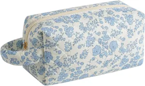 Makeup Bag Travel Cosmetic Bag for Women, Zipper Make Up Pouch, Floral Flowers Toiletry Organizer Makeup with Handle, Cosmetic Travel Cloth Bag (Blue Floral)
