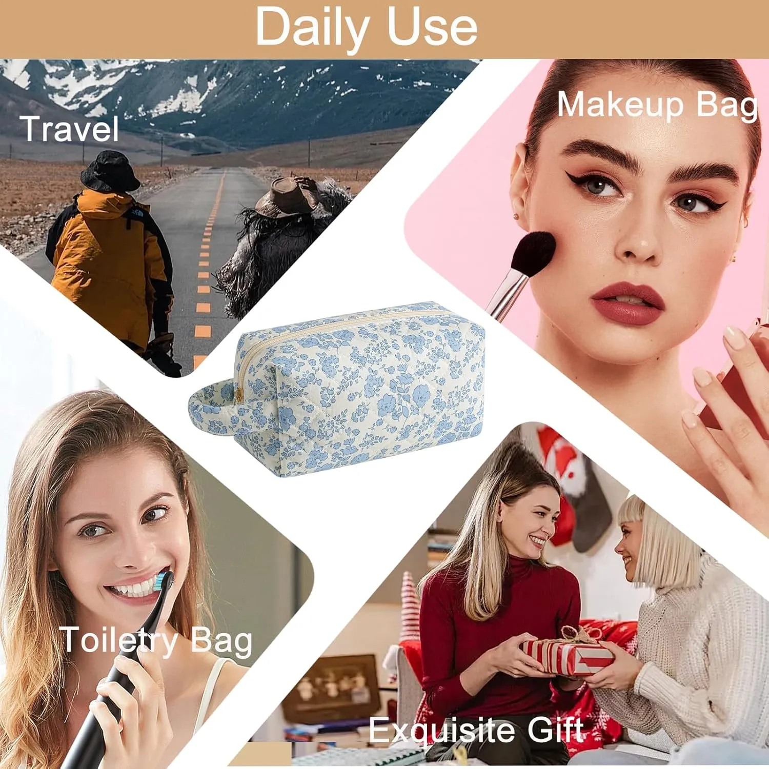 Makeup Bag Travel Cosmetic Bag for Women, Zipper Make Up Pouch, Floral Flowers Toiletry Organizer Makeup with Handle, Cosmetic Travel Cloth Bag (Blue Floral)