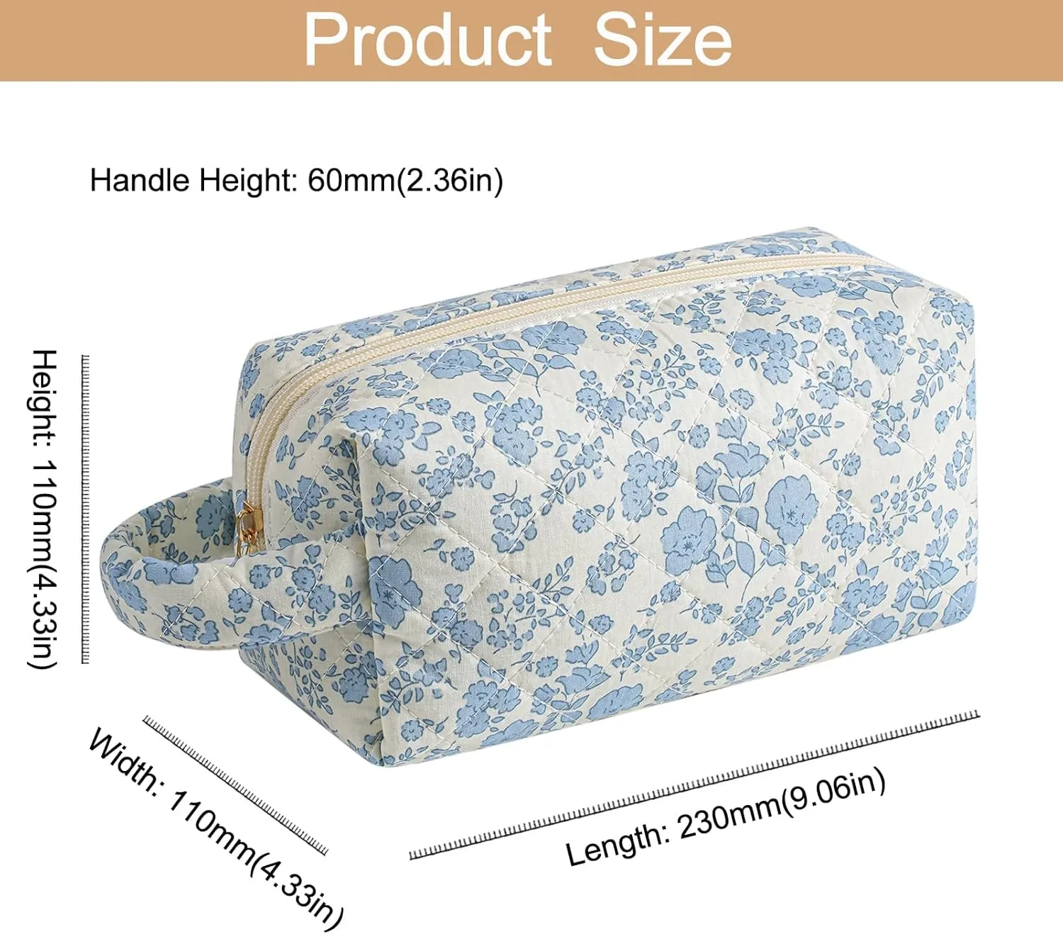 Makeup Bag Travel Cosmetic Bag for Women, Zipper Make Up Pouch, Floral Flowers Toiletry Organizer Makeup with Handle, Cosmetic Travel Cloth Bag (Blue Floral)