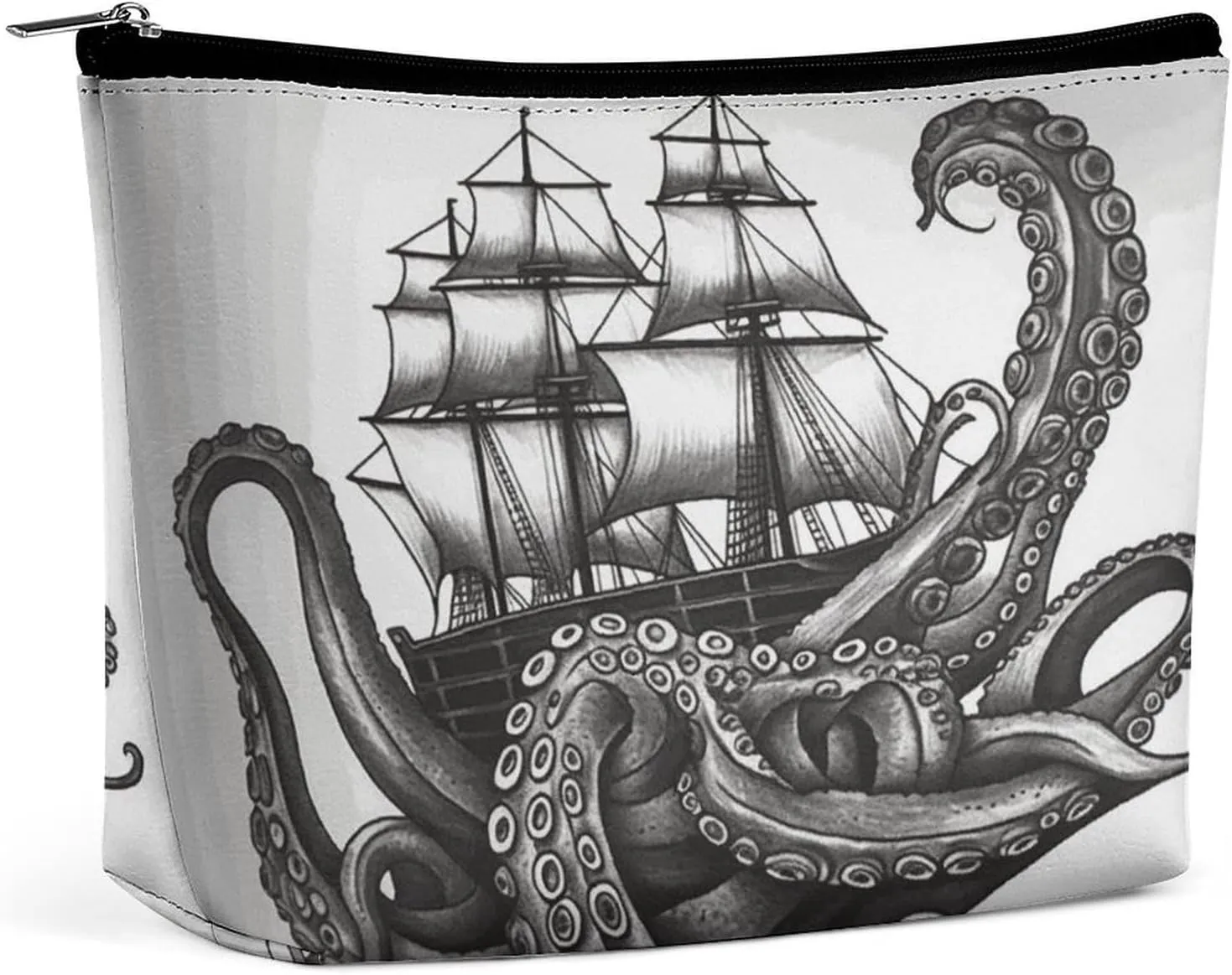 Makeup Bags Large Capacity Cosmetic Bags for Women Black And White Octopus And Ship Open Flat Toiletry Bag Waterproof Makeup Pouch Portable Cosmetic Organizer Makeups Train for Travel Gift