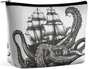 Makeup Bags Large Capacity Cosmetic Bags for Women Black And White Octopus And Ship Open Flat Toiletry Bag Waterproof Makeup Pouch Portable Cosmetic Organizer Makeups Train for Travel Gift
