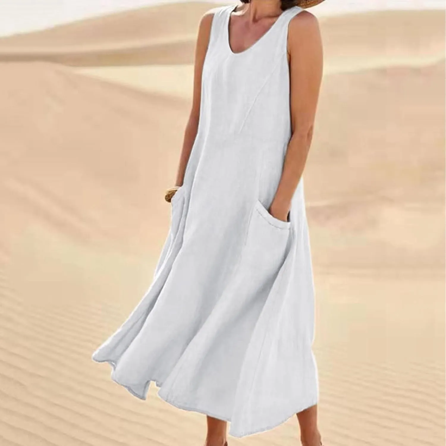 Maxi Dresses for Women 2025 Sleeveless Cotton Linen Summer Dress with Pockets Boho Beach Vacation Sundress