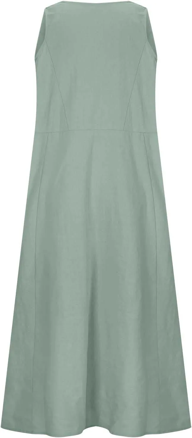 Maxi Dresses for Women 2025 Sleeveless Cotton Linen Summer Dress with Pockets Boho Beach Vacation Sundress