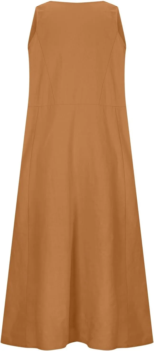 Maxi Dresses for Women 2025 Sleeveless Cotton Linen Summer Dress with Pockets Boho Beach Vacation Sundress