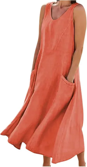 Maxi Dresses for Women 2025 Sleeveless Cotton Linen Summer Dress with Pockets Boho Beach Vacation Sundress