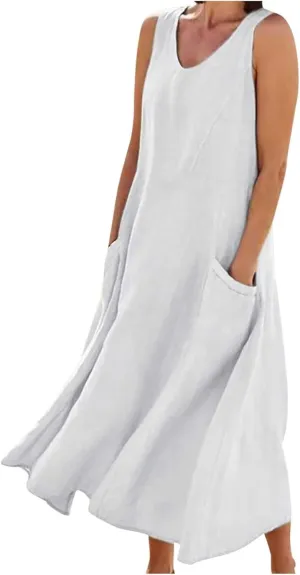 Maxi Dresses for Women 2025 Sleeveless Cotton Linen Summer Dress with Pockets Boho Beach Vacation Sundress