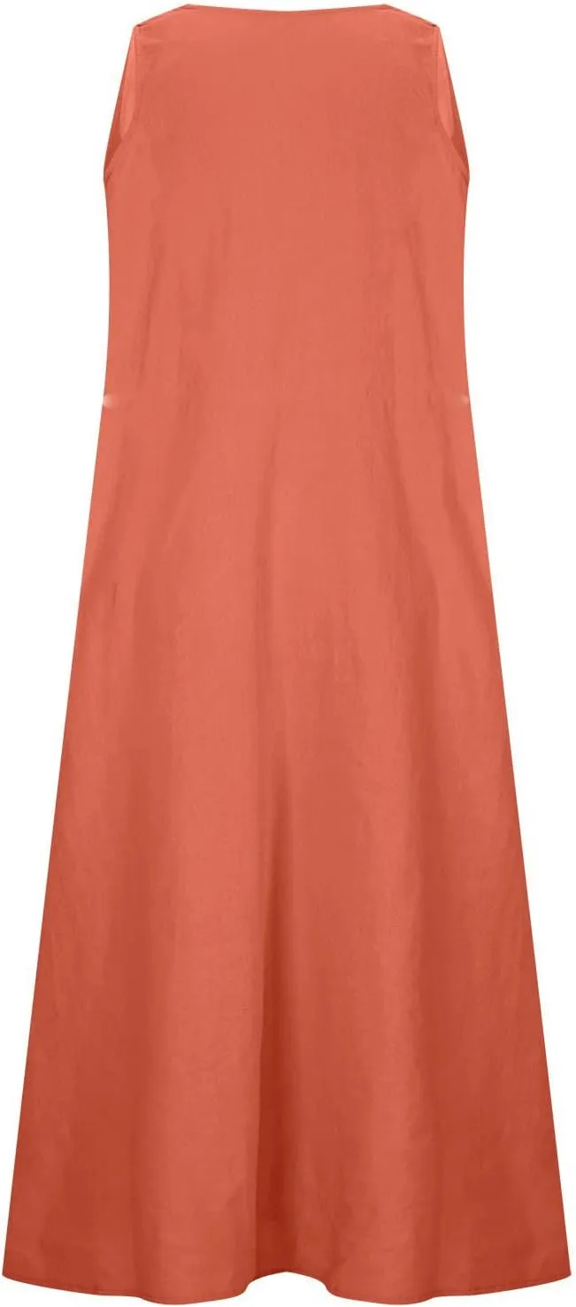 Maxi Dresses for Women 2025 Sleeveless Cotton Linen Summer Dress with Pockets Boho Beach Vacation Sundress