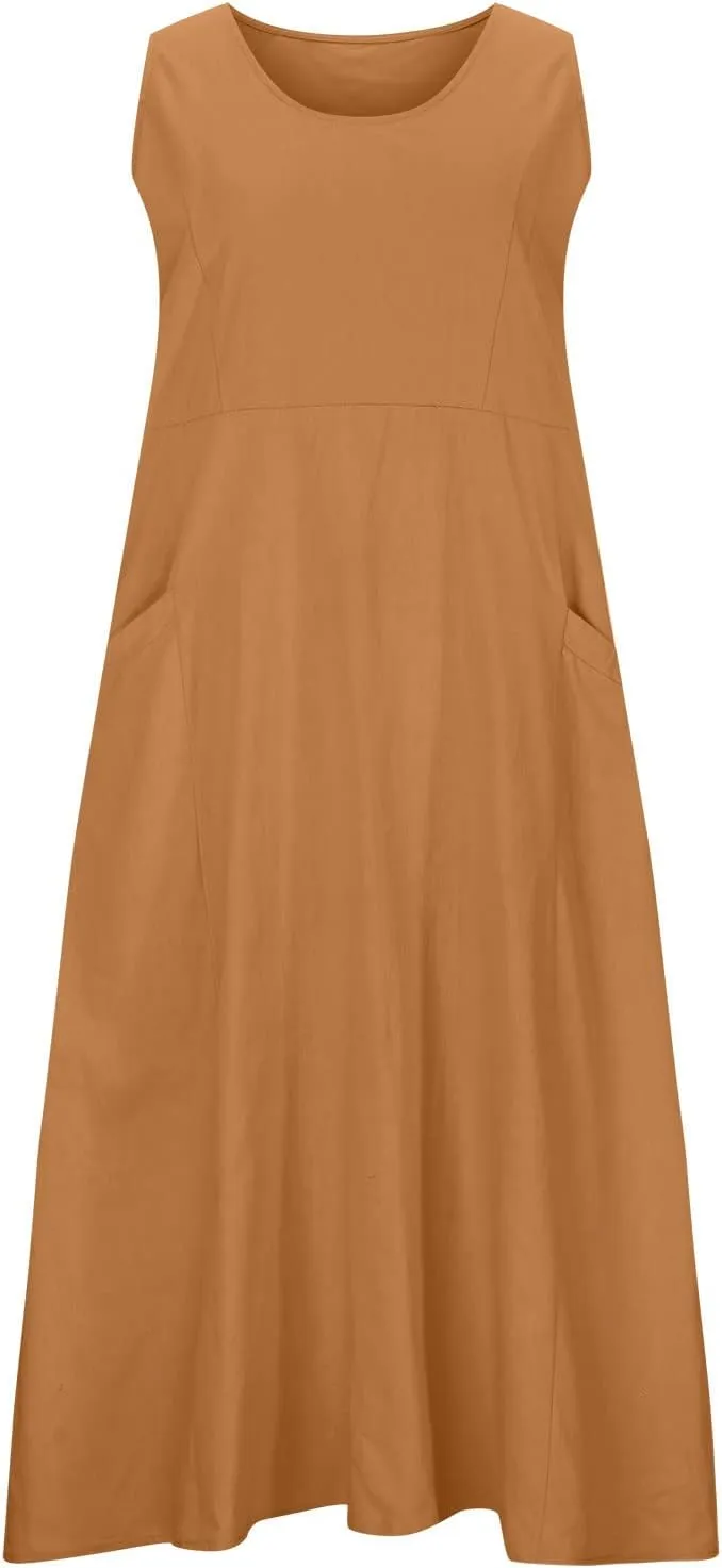 Maxi Dresses for Women 2025 Sleeveless Cotton Linen Summer Dress with Pockets Boho Beach Vacation Sundress