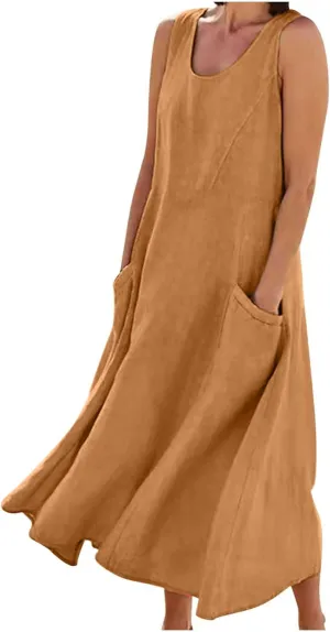 Maxi Dresses for Women 2025 Sleeveless Cotton Linen Summer Dress with Pockets Boho Beach Vacation Sundress