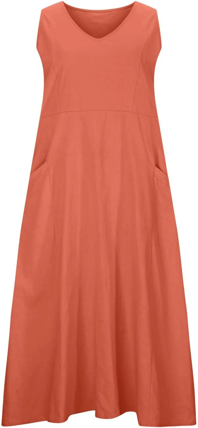 Maxi Dresses for Women 2025 Sleeveless Cotton Linen Summer Dress with Pockets Boho Beach Vacation Sundress