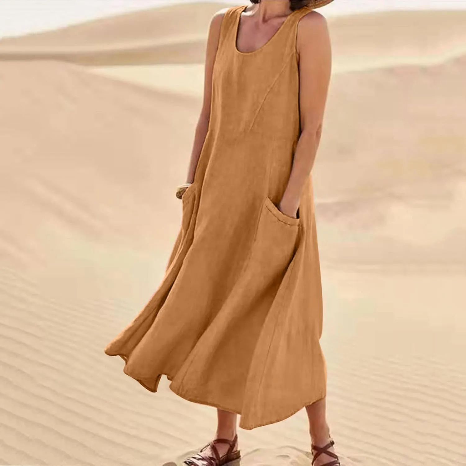 Maxi Dresses for Women 2025 Sleeveless Cotton Linen Summer Dress with Pockets Boho Beach Vacation Sundress