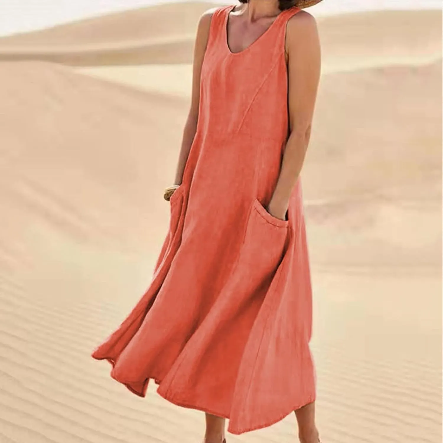 Maxi Dresses for Women 2025 Sleeveless Cotton Linen Summer Dress with Pockets Boho Beach Vacation Sundress