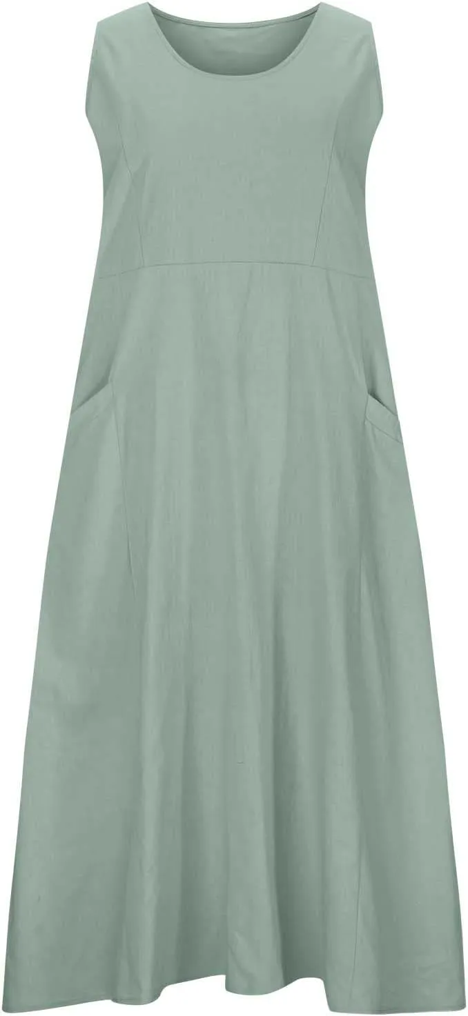 Maxi Dresses for Women 2025 Sleeveless Cotton Linen Summer Dress with Pockets Boho Beach Vacation Sundress