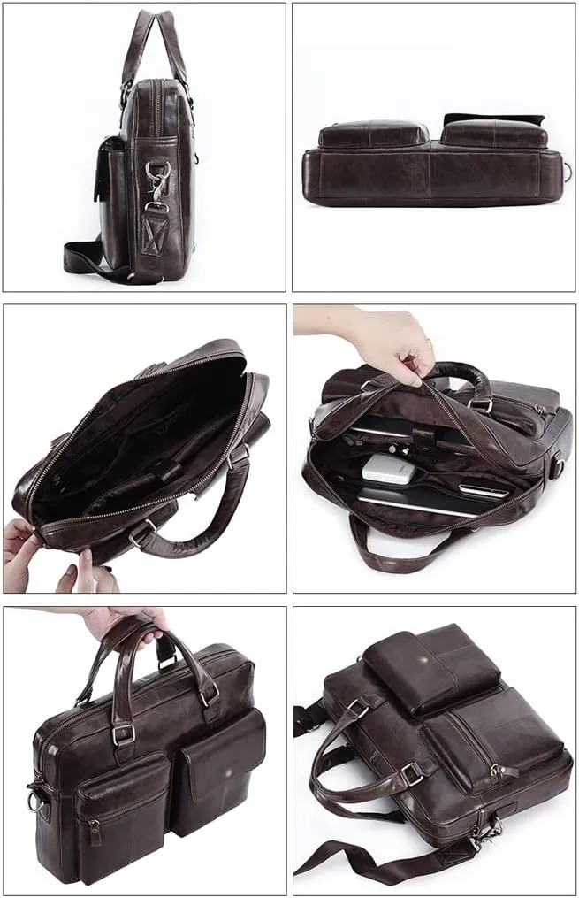 Men Genuine Leather Briefcase 14 Inch Convertible Messenger Bags Handbag Multifunctional Business Shoulder Bag