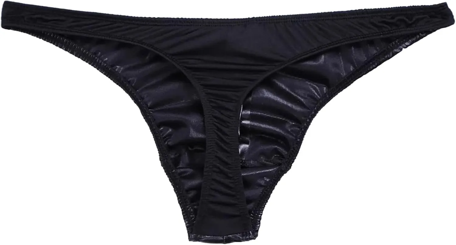 Men Sexy Thong Underpant Funny Button Removable Pouch Faux Leather Underwear Breathable C-String Bikini Briefs