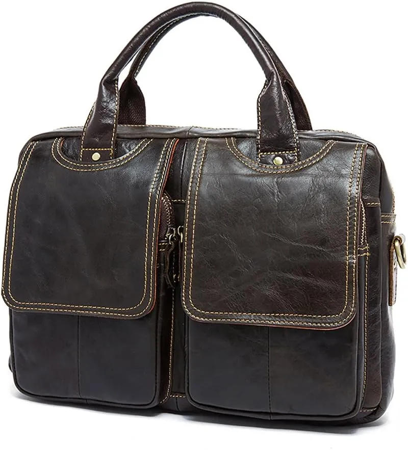 Men's Briefcase Leather Laptop Bag 14'' Genuine Leather Men Messenger Shoulder Bags Men's Crossbody Handbag (One_Size, Black)