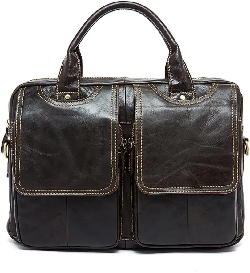 Men's Briefcase Leather Laptop Bag 14'' Genuine Leather Men Messenger Shoulder Bags Men's Crossbody Handbag (One_Size, Black)
