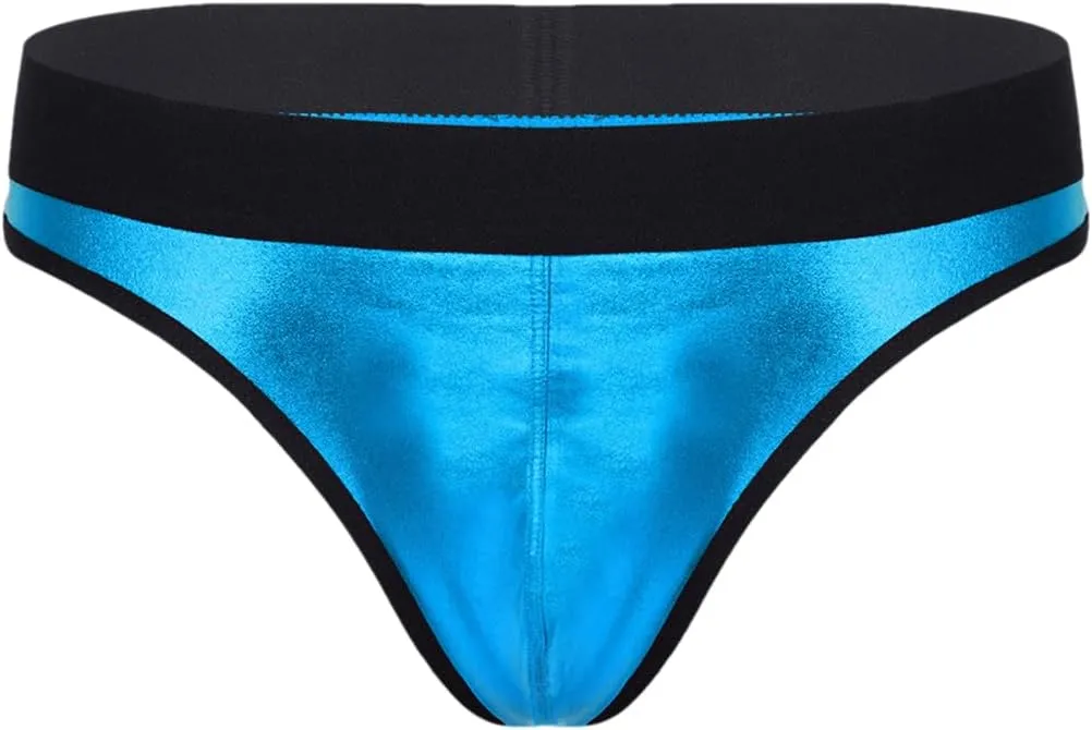 Men's Low-Waist Sexy Micro-Elastic Briefs Imitation Leather Breathable Thong Underwear Blue XL
