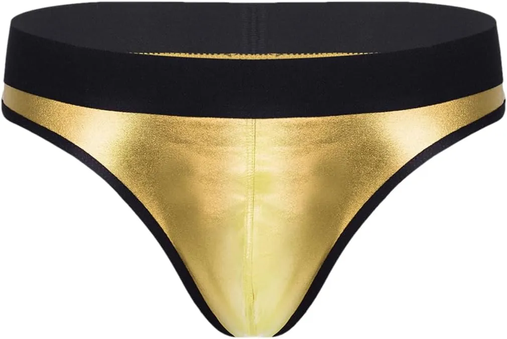 Men's Low-Waist Sexy Micro-Elastic Briefs Imitation Leather Breathable Thong Underwear Gold XL