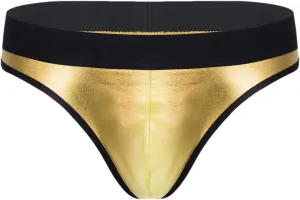 Men's Low-Waist Sexy Micro-Elastic Briefs Imitation Leather Breathable Thong Underwear Gold XL