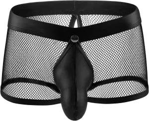 Men'S Sexy Mesh Bulge Ball Pouch Underwear Leather Boxer Briefs Underpants Trunks Hollow Breathable See Through Briefs