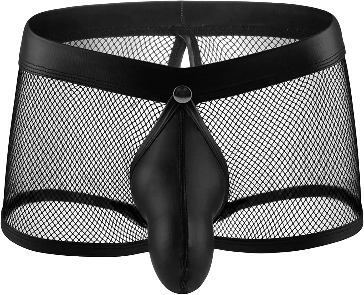 Men'S Sexy Mesh Bulge Ball Pouch Underwear Leather Boxer Briefs Underpants Trunks Hollow Breathable See Through Briefs