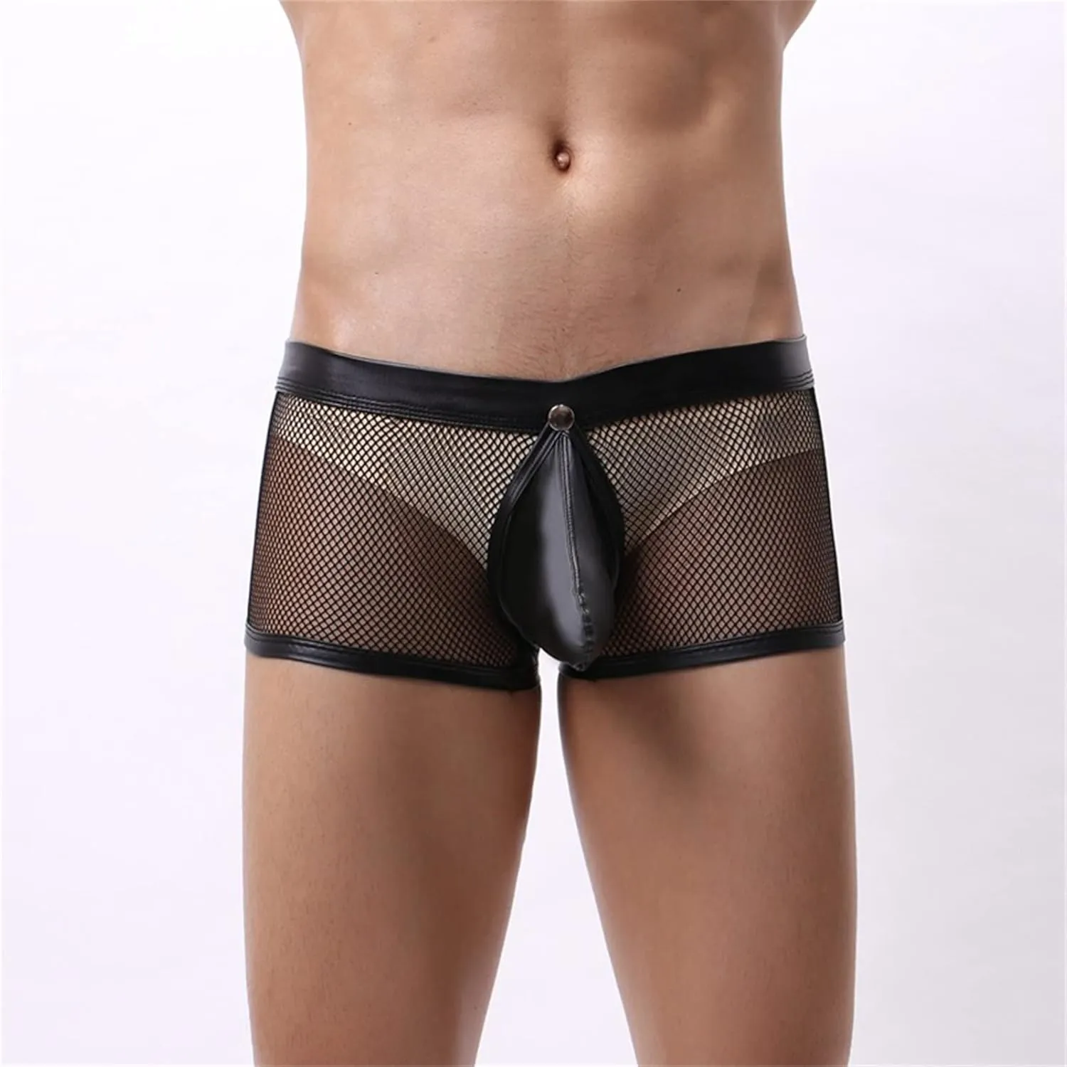 Men'S Sexy Mesh Bulge Ball Pouch Underwear Leather Boxer Briefs Underpants Trunks Hollow Breathable See Through Briefs