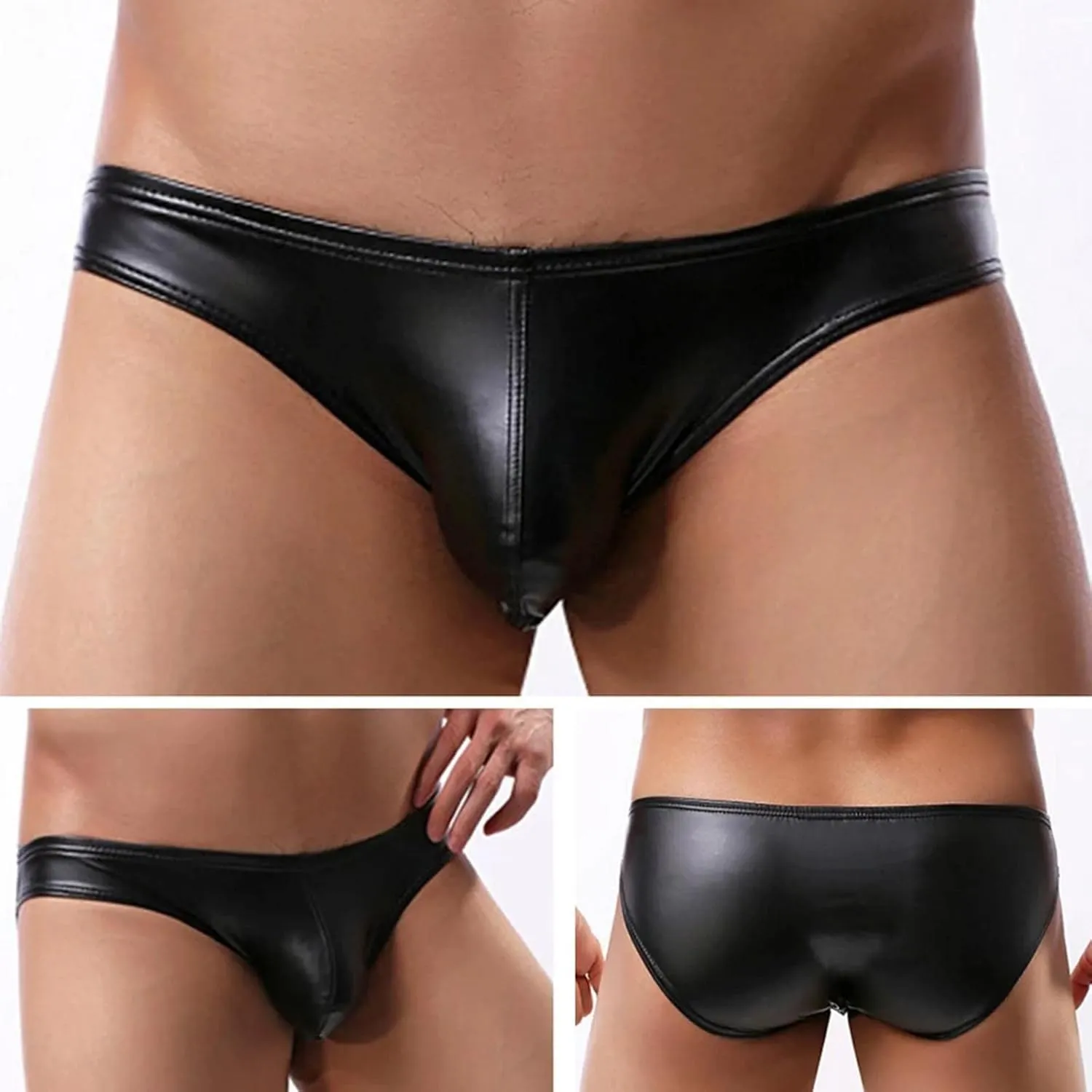 Men's Underwear Sexy G-Strings Thongs Low Waist Stretchy Pu Leather T-Back Breathable Bikini Underwear Brief Lingerie