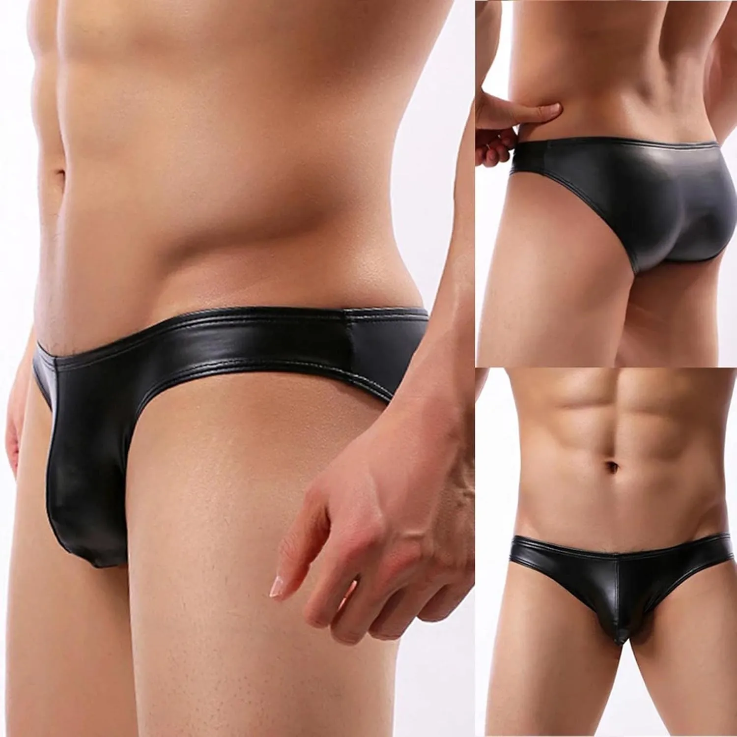 Men's Underwear Sexy G-Strings Thongs Low Waist Stretchy Pu Leather T-Back Breathable Bikini Underwear Brief Lingerie