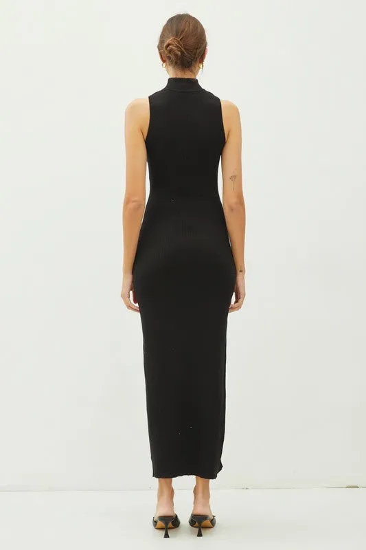 Mock Neck Slit Up Rib Knit Sweater Maxi Dress