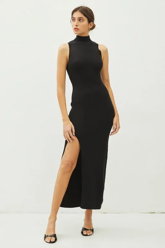 Mock Neck Slit Up Rib Knit Sweater Maxi Dress