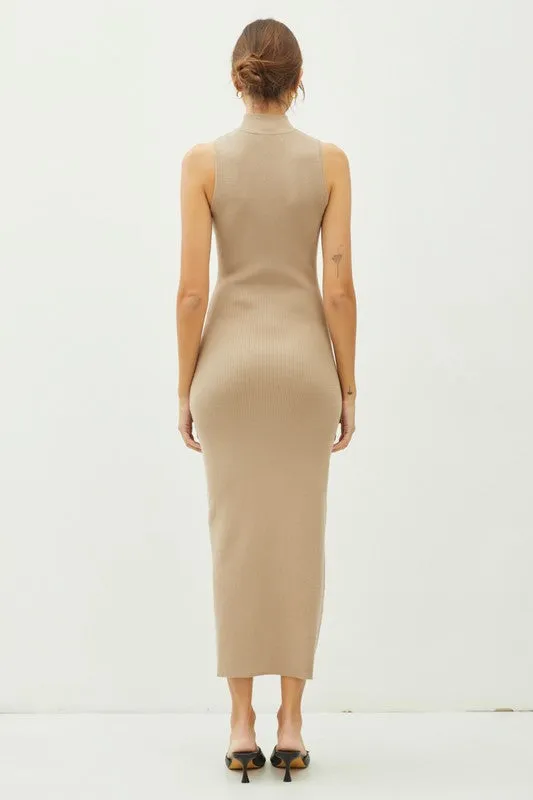 Mock Neck Slit Up Rib Knit Sweater Maxi Dress