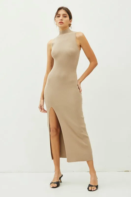 Mock Neck Slit Up Rib Knit Sweater Maxi Dress