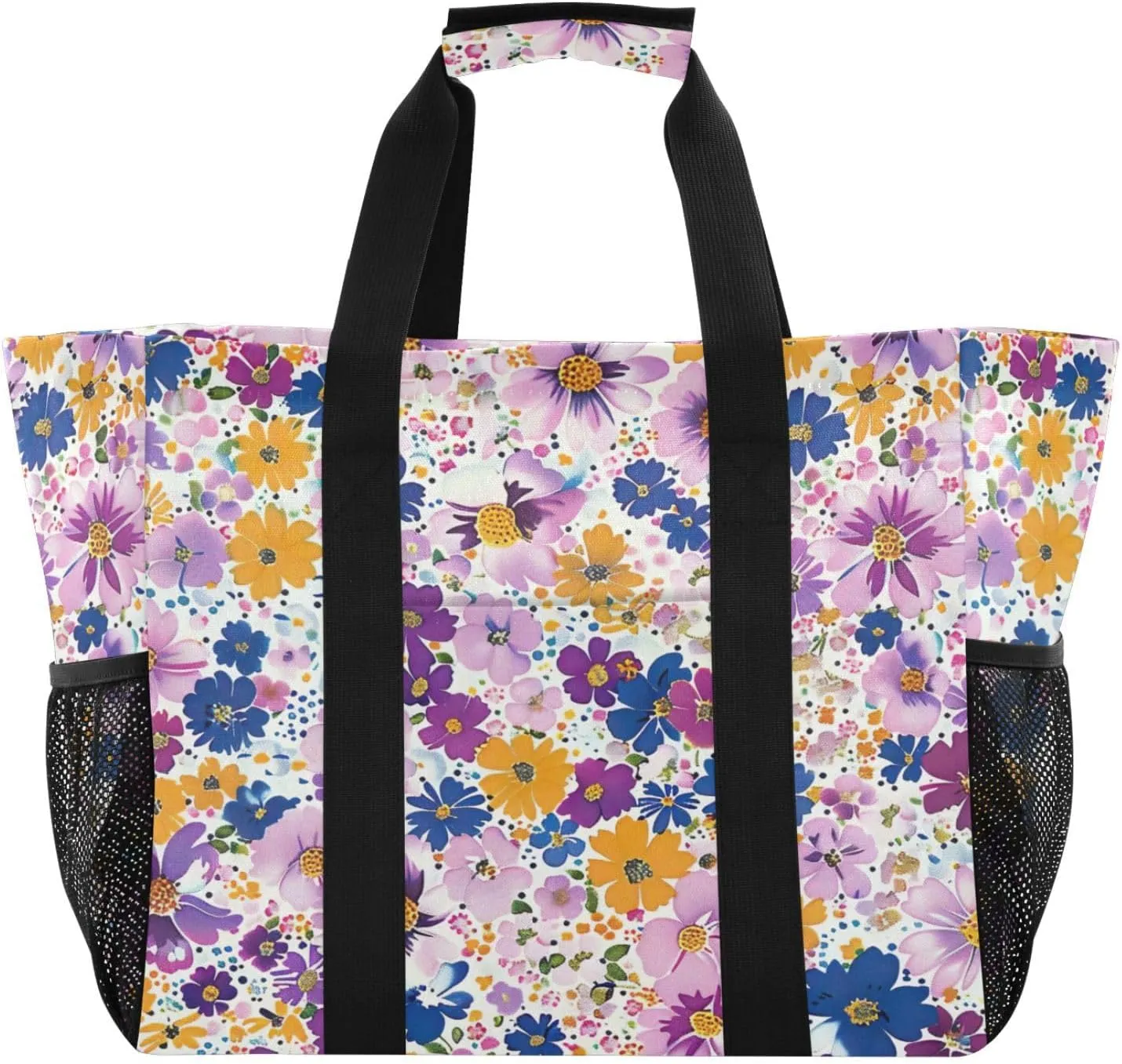 Nander Beautiful Colorful Flowers Foldable Tote Bag Waterproof Sandproof Women Beach Bag Handbag Gym Bag Travel Shopping Bag