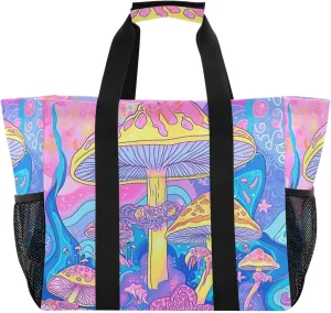 Nander Beautiful Colorful Mushrooms Foldable Tote Bag Waterproof Sandproof Women Beach Bag Handbag Gym Bag Travel Shopping Bag