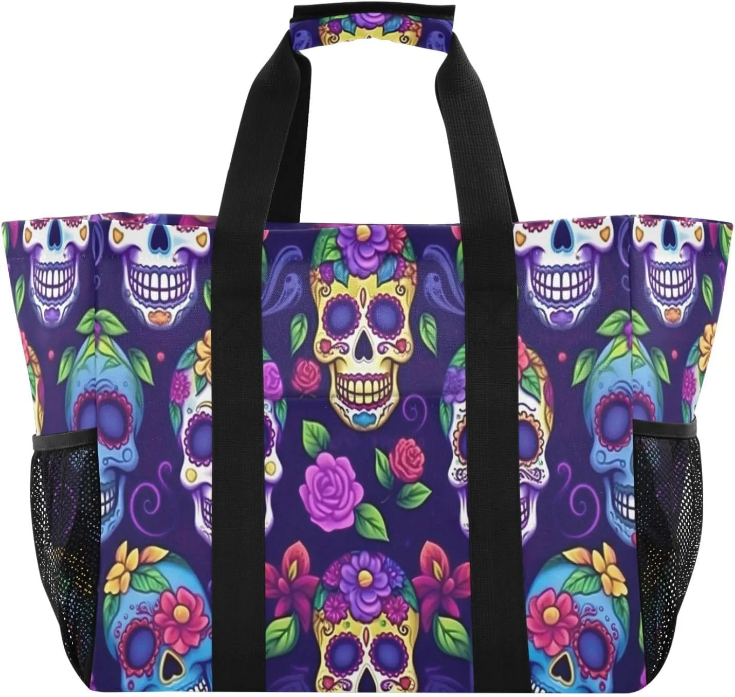 Nander Beautiful Flowers and Skull Foldable Tote Bag Waterproof Sandproof Women Beach Bag Handbag Gym Bag